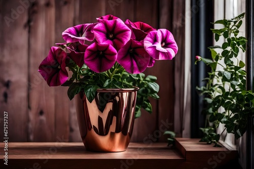 tistic shot of a single petunia in a rose gold metal vase, placed near a window, minimalist design, wooden surface background,