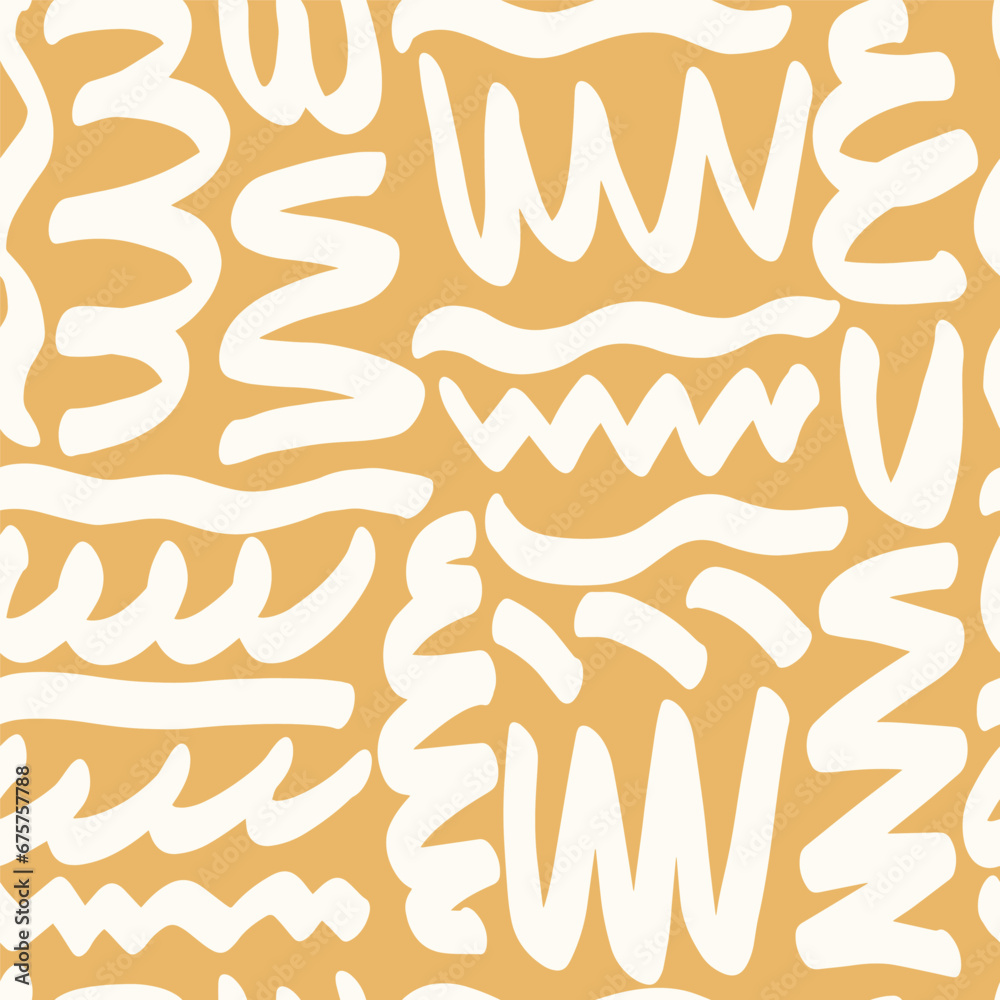 Naive boho playful squiggle seamless pattern on mustard. Abstract doodle pattern for kids of natural tones. Messy graffiti wallpaper print. Doodle Aesthetic line art contemporary backgrounds. - obrazy, fototapety, plakaty 