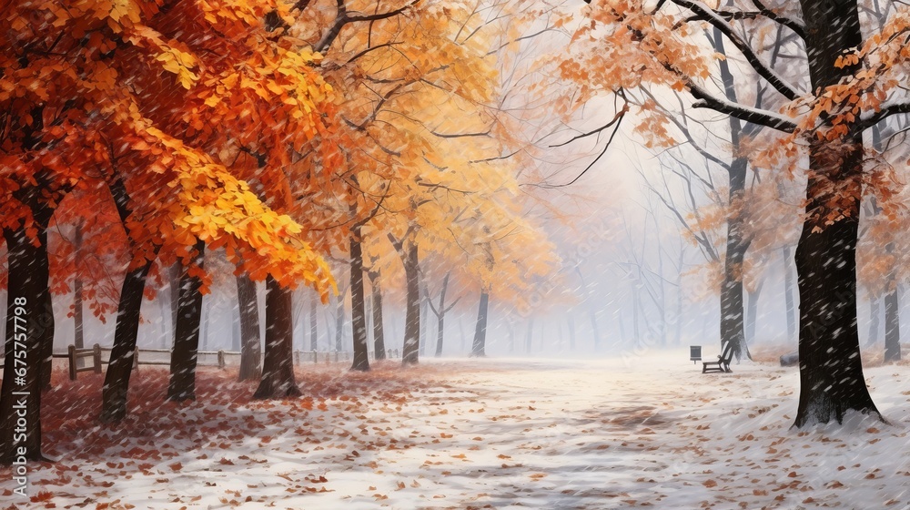 Beautiful winter landscape with in the park. Falling leaves natural background.