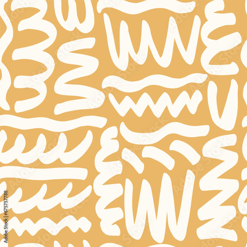 Naive boho playful squiggle seamless pattern on mustard. Abstract doodle pattern for kids of natural tones. Messy graffiti wallpaper print. Doodle Aesthetic line art contemporary backgrounds. photo