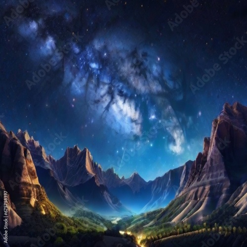 Galaxy mountain view valley Landscape night view Galaxy background