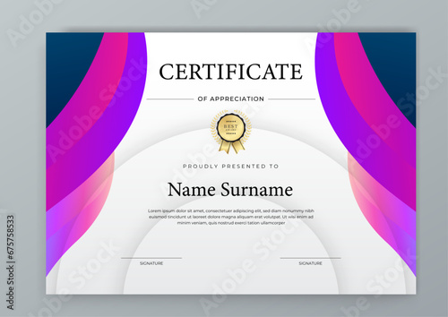 Blue pink and purple violet certificate of appreciation border template with luxury badge and modern line and shapes