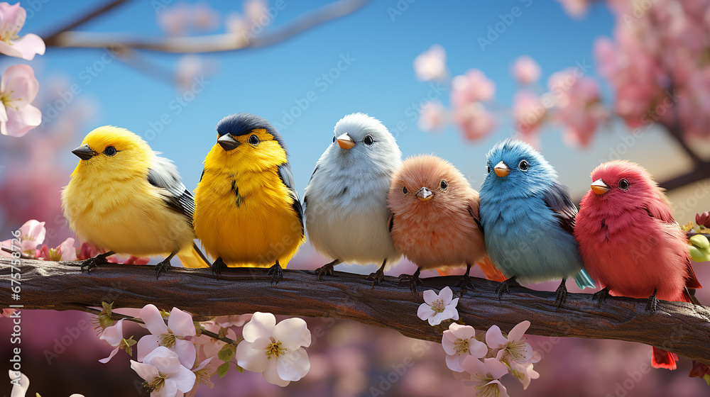 Funny colorful birds on a branch of a spring blooming tree Funny colorful birds on a branch of a spring blooming tree