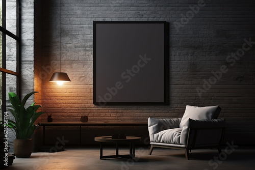Modern living room interior with dark walls Concrete floor and poster frame mockup photo