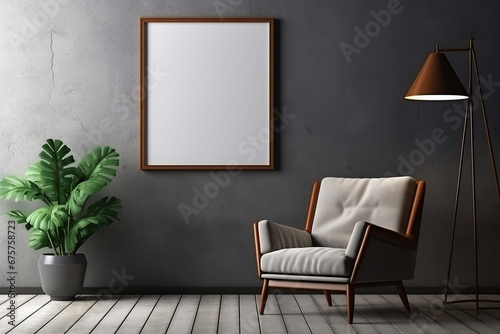 Modern living room interior with dark walls Concrete floor and poster frame mockup