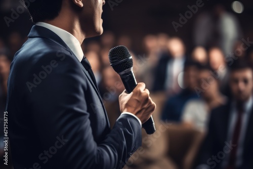 a compelling visual representation of a political leader close-up giving an inspiring and unifying speech to a diverse audience, capturing the essence of leadership photo