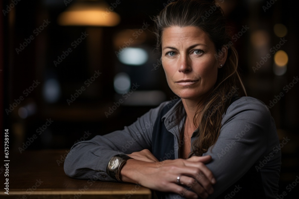 Portrait of a beautiful woman sitting at a table in a pub