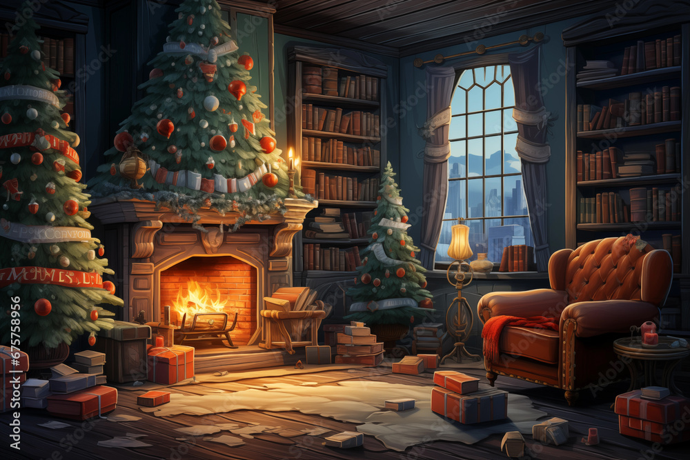 vintage christmas illustration, cozy warm living room with fireplace and christmas tree