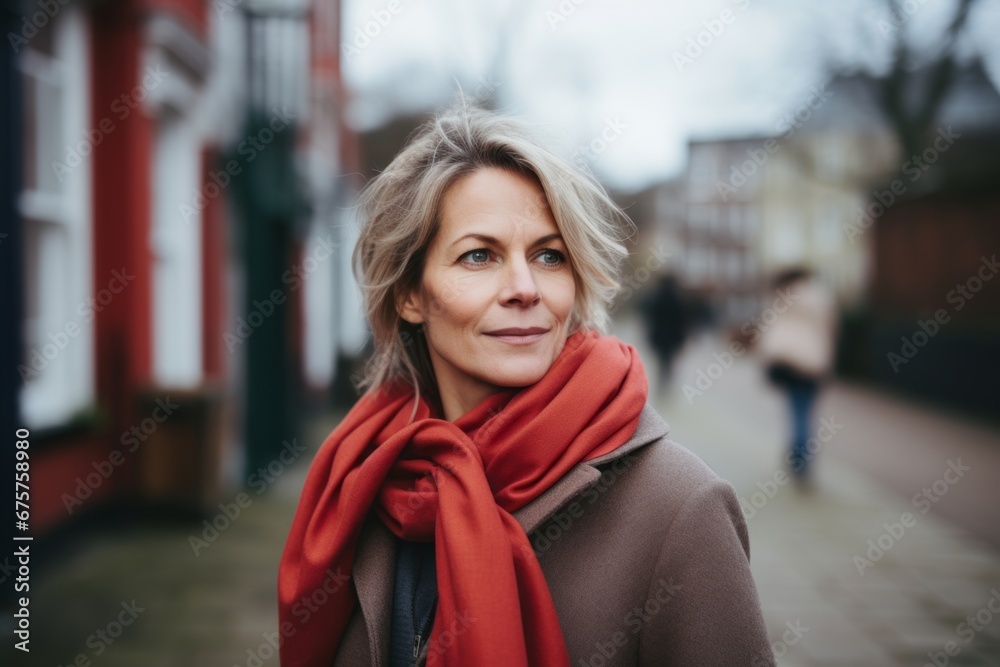 Portrait of a middle-aged woman with a red scarf in the city.