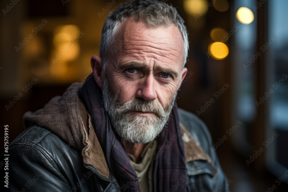 Portrait of a senior man with a gray beard and mustache in a leather jacket. Portrait of a senior man with a gray beard and mustache in a leather jacket.