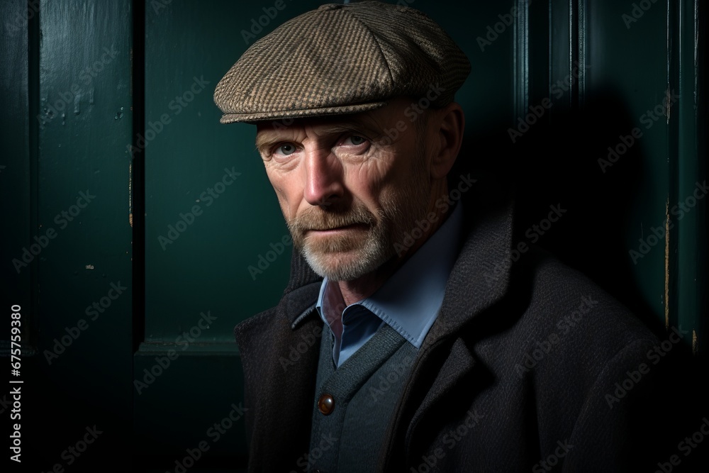 Portrait of an old man in a hat and coat on a dark background Portrait of an old man in a hat and coat on a dark background