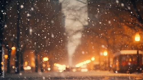 Flakes fall in the city, blurred background