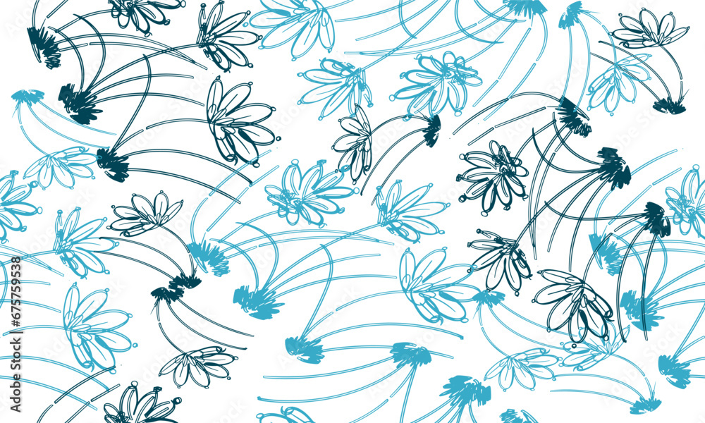 Blue and green drawing line of seamless grass flower pattern, design for fabrics print or wallpaper, hand drawing vector, Isolated floral elements, daisy, aster, chrysanthemum. Line children drawings