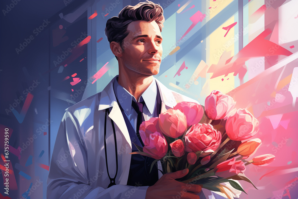 handsome doctor man with flower bouquet. congratulations for a woman. copy space - obrazy, fototapety, plakaty 