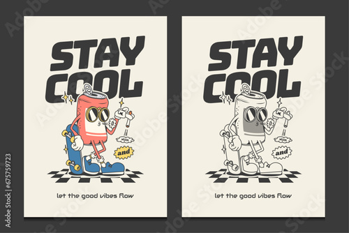 groovy 70s posters with a canned drink cartoon character, vector illustration