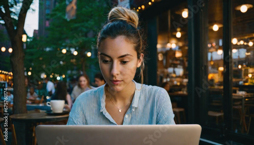 Young woman working with laptop outdoors with copy space photo
