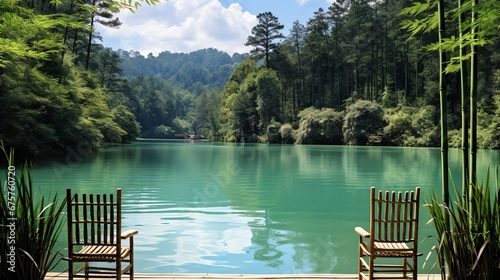 a lake with chairs and trees in the background © White