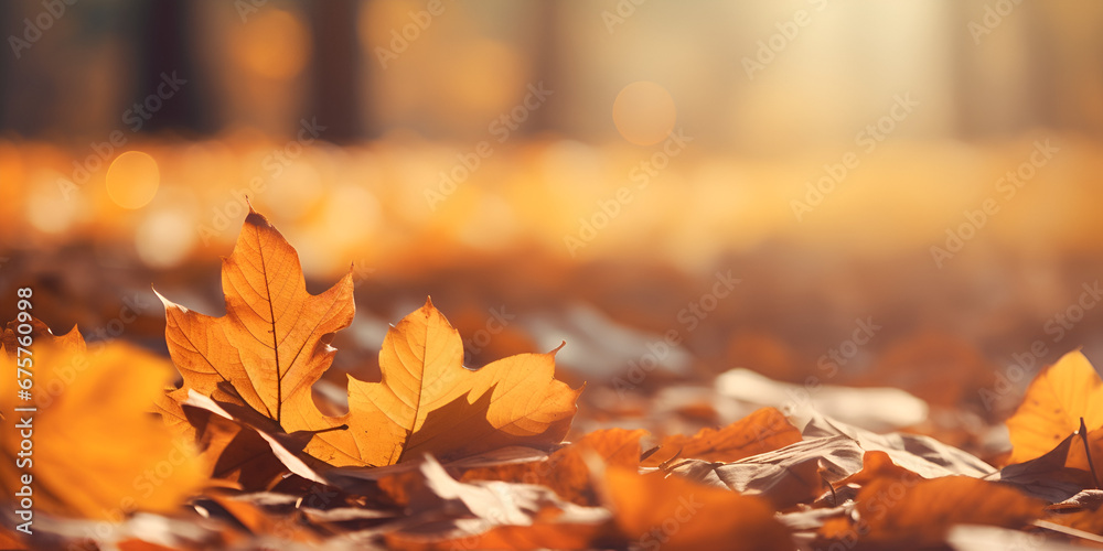 autumn leaves on the ground,Autumn leaves background,Orange maple leaf on the ground in the forest in the sun rays autumn leaves,Fall leaves nature background with blurred light