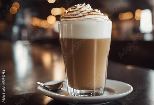 Coffee latte in a tall glass with thick milk foam and cafe background