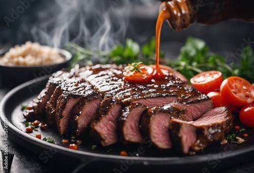 Grilled flank beef steak on a griddle with sauce photo