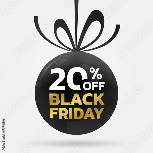 20% off. Black Friday sale tag, label or badge with ribbon bow. 20 percent price off 3d discount ball design. Promotion, marketing background or banner template. Vector illustration.