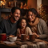 Latin family of a father, a mother and a little girl drinking hot chocolate together on the couch at home at Christmas