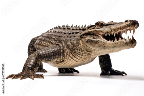 A crocodile full body showing jaws isolate on white background. © tong2530