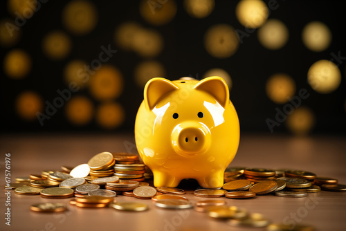little pig piggy bank and surrounded by coins, savings Learn about saving money and investing, concepts of saving money, investing, building a life, economy Genarative AI photo