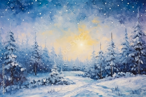 Canvas oil painting. Colorful winter night. Glittering snowfall. Artistic brushwork © Enigma