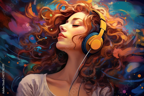 Relaxing with Music, A woman with headphones or playing a musical instrument, emphasizing the soothing and therapeutic effects of music on the mind and bod