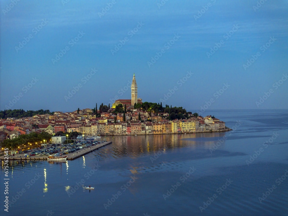 Drone image of the historic Croatian coastal town of Rovinj during sunrise