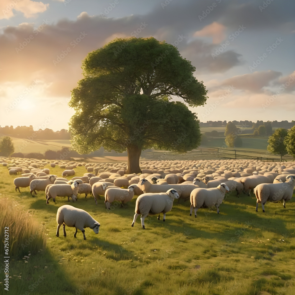 Sunset Morning: Tranquil Pastoral Landscape with Grazing Sheep. generative AI
