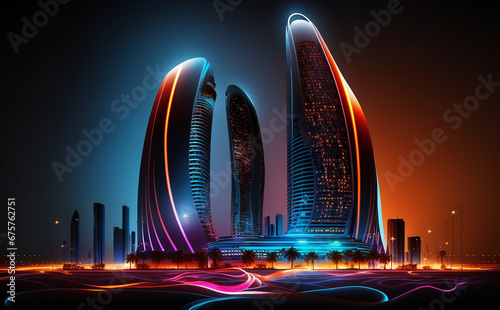 Futuristic Abu Dhabi Cityscape, Neon Lights, city skyline at night photo