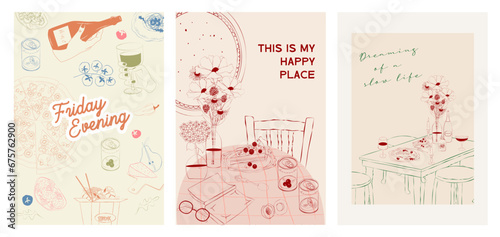 Collection of Retro posters. Friday evening dinner posters.  Food Poster template. Interior posters set. Inspiration posters. Editable vector illustration.