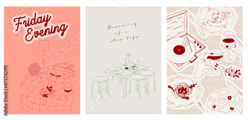 Collection of Retro posters. Friday evening dinner posters.  Food Poster template. Interior posters set. Inspiration posters. Editable vector illustration.
