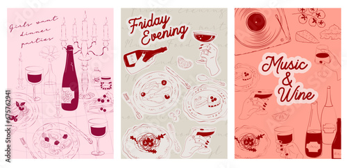 Collection of Retro posters. Friday evening dinner posters. Food Poster template. Interior posters set. Inspiration posters. Editable vector illustration.