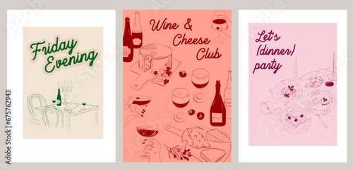 Collection of Retro posters. Friday evening dinner posters.  Food Poster template. Interior posters set. Inspiration posters. Editable vector illustration.