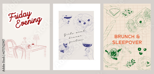 Collection of Retro posters. Friday evening dinner posters.  Food Poster template. Interior posters set. Inspiration posters. Editable vector illustration.