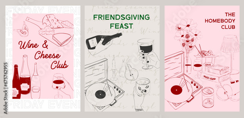 Collection of Retro posters. Friday evening dinner posters.  Food Poster template. Interior posters set. Inspiration posters. Editable vector illustration.