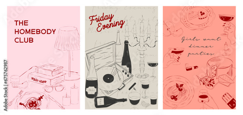 Collection of Retro posters. Friday evening dinner posters.  Food Poster template. Interior posters set. Inspiration posters. Editable vector illustration.