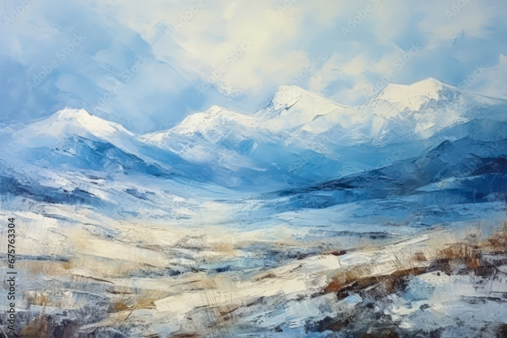 Canvas oil painting. Snowy mountain view. Textured hills and expressive brushstrokes