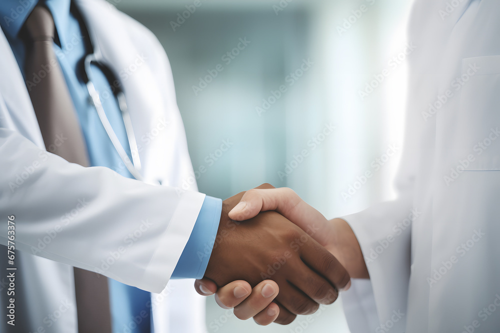 Handshake between doctors or medical staff in while lab coats Handshake between doctors or medical staff in while lab coats