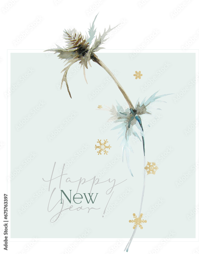 Christmas, New Year - ready-to-print card (poster) from isolated botanical silhouettes on the theme of frosty winter. The illustration is suitable for branding, discounts, invitations, congratulations