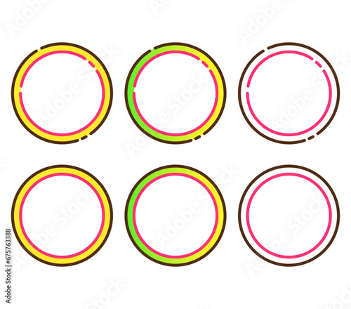 Set of circles with various lines pattern, vector illustration, ring shape, no background.