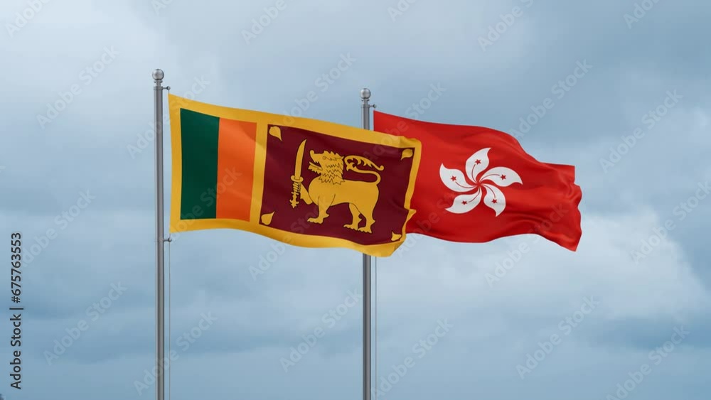 Hong Kong flag and Sri Lanka flag waving together on cloudy sky, endless seamless loop, two country relations concept Hong Kong flag and Sri Lanka flag waving together on cloudy sky, endless seamless loop, two country relations concept