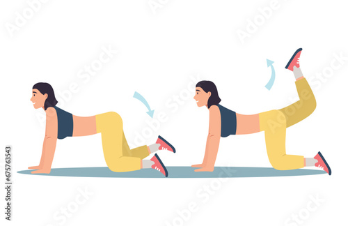 Concept Women s workout in the flat cartoon design. The girl does an exercise that relaxes the back and pumps up the legs. Vector illustration.