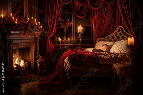 Romantic room interior with pink curtains and red hearts. Valentine's day concept.