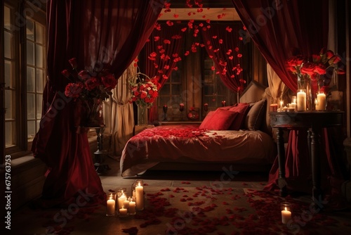 Romantic room interior with pink curtains and red hearts. Valentine's day concept. © Rudsaphon