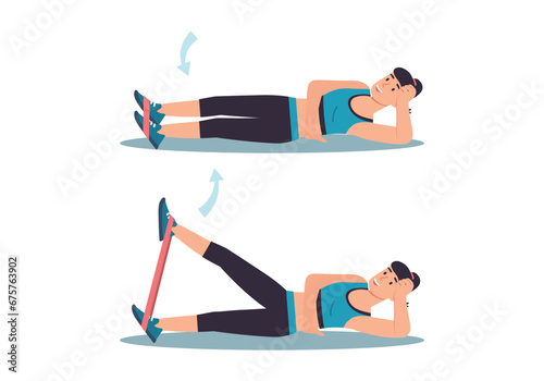 Concept Women's workout in the flat cartoon design. The girl does sports and uses special sports rubber bands to pump up her legs. Vector illustration.
