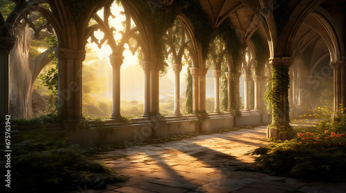 a gothic cloister at sunrise with light streaming through arches photo